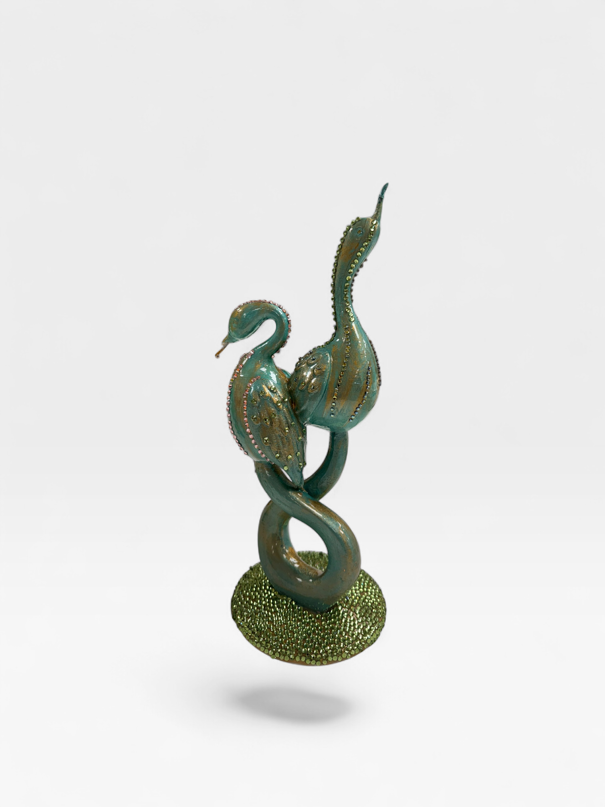 Entwined swans sculpture, teal and gold with crystal rhinestones, JebaraArt