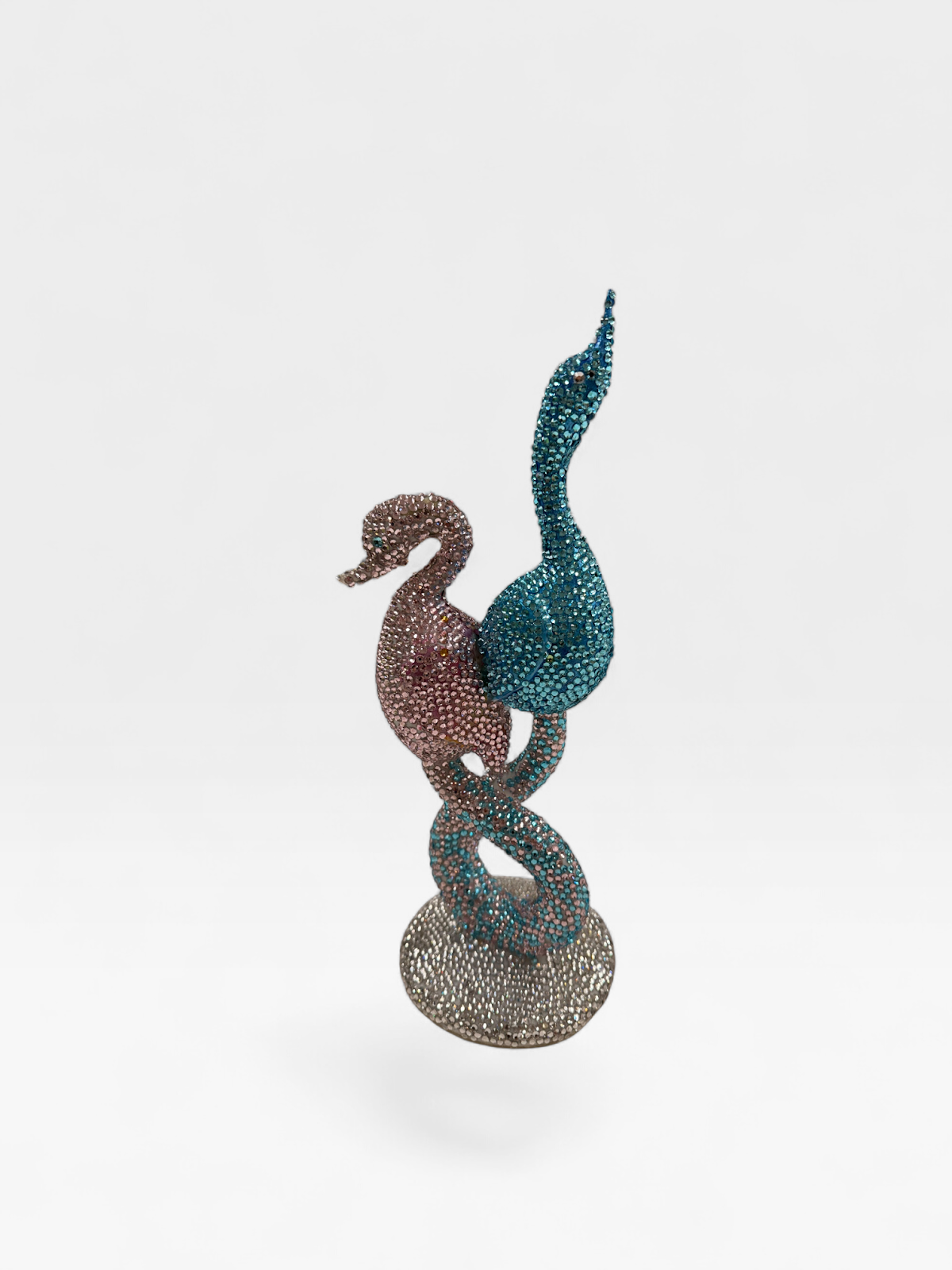Crystal rhinestone entwined swans, turquoise and pink, JebaraArt