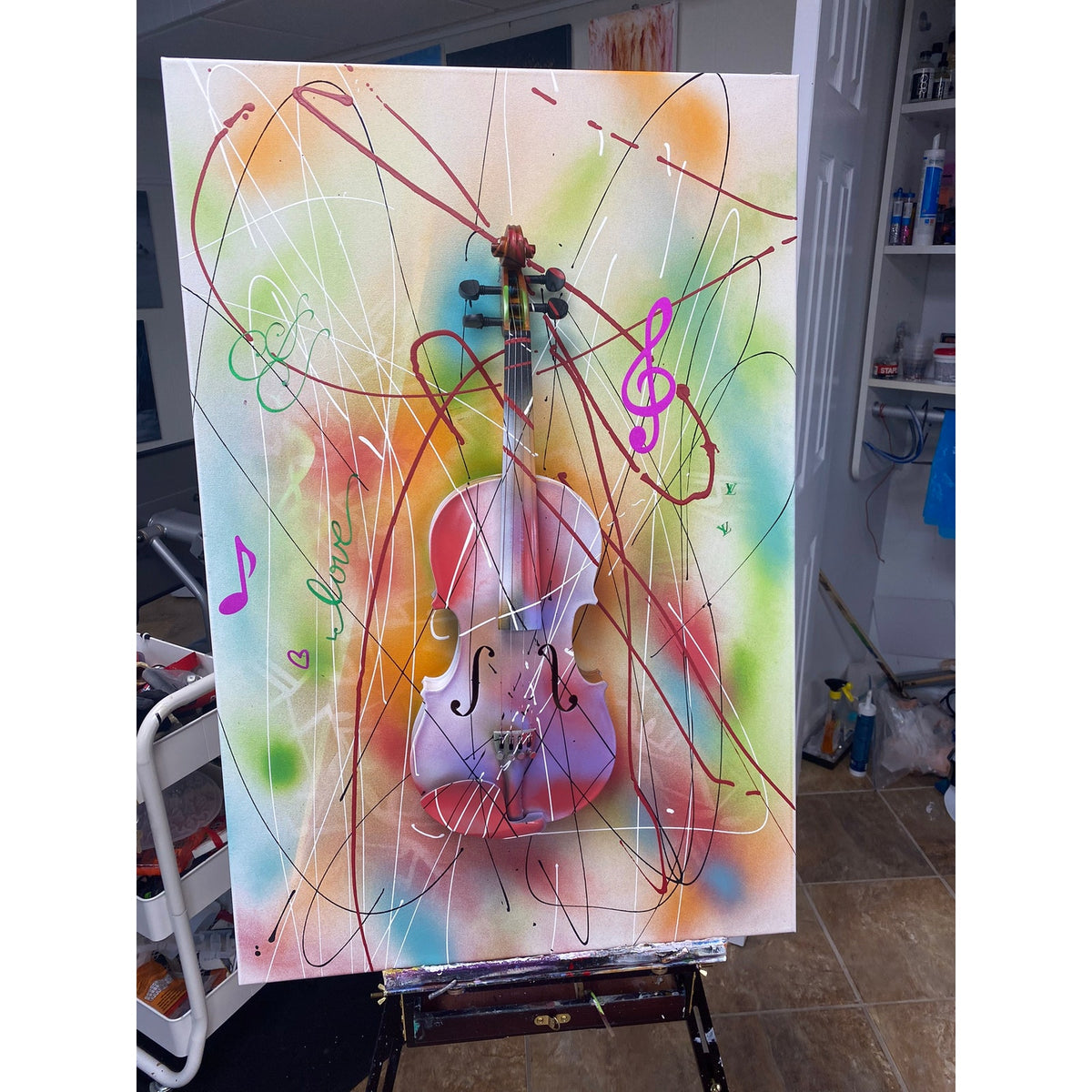 Original 3D Violin Wall Art – Rainbow Mixed Media Music Painting 24x36