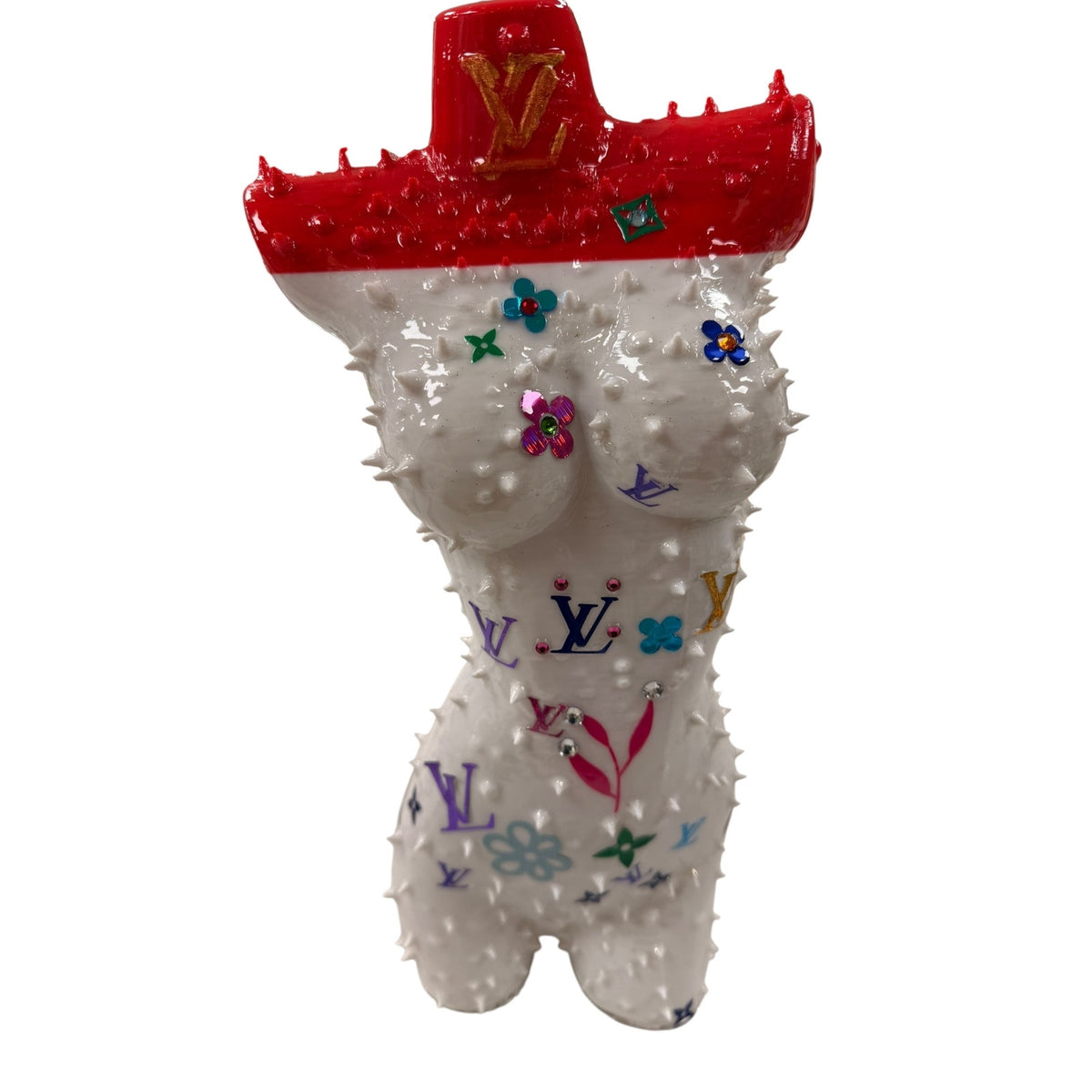 Handmade 3D Printed Pop Art Female Torso Sculpture Red Hat Painted Resin 15"