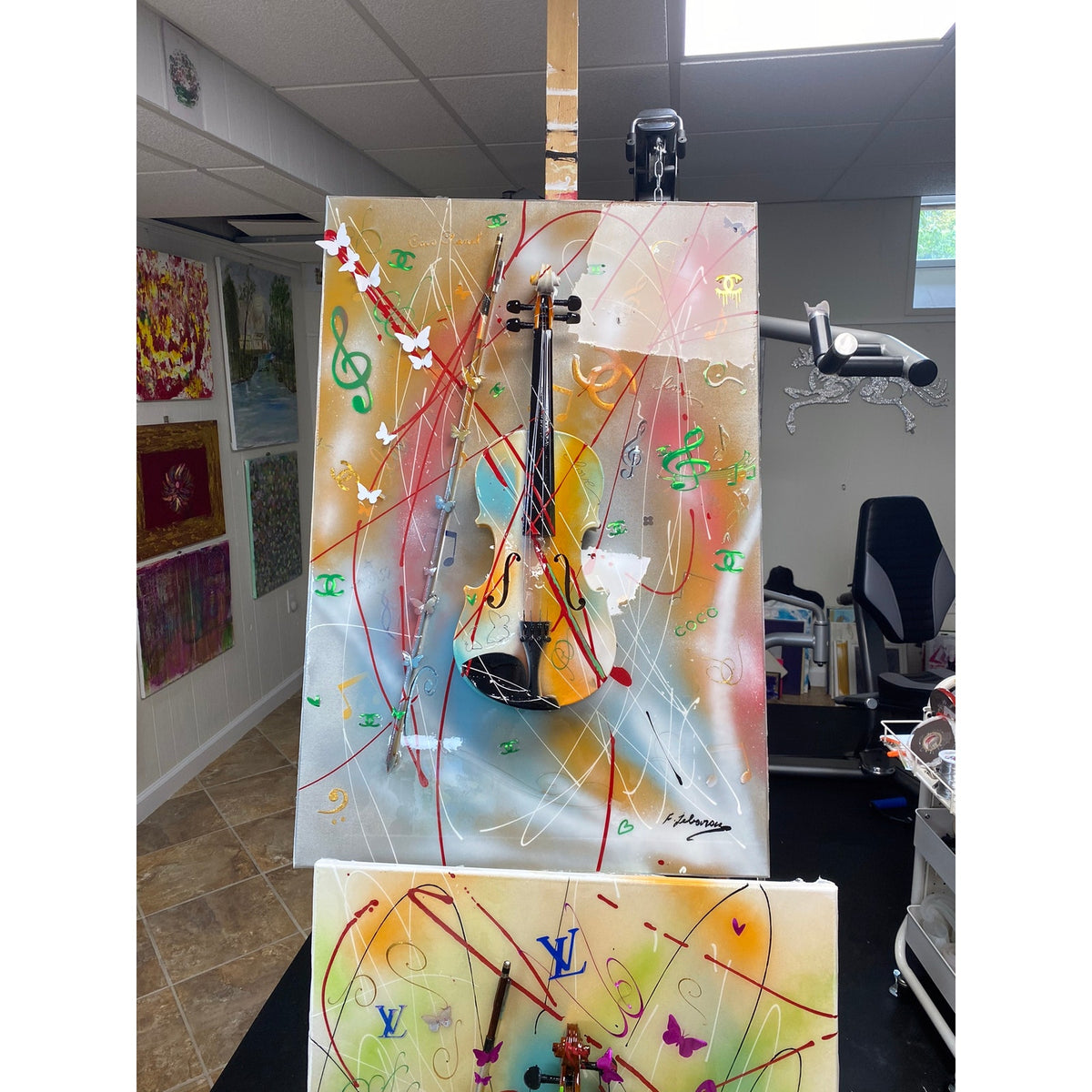 Original 3D Violin Wall Art – Pastel Splatter Mixed Media Music Painting 24x36