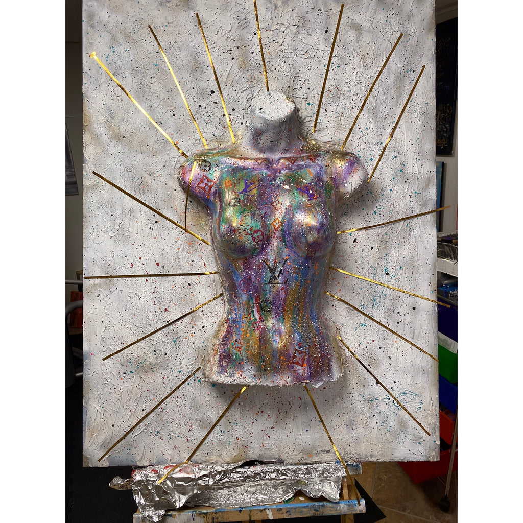 Original Mixed Media 3D Wall Art Sculpted Female Torso Iridescent Relief Panel
