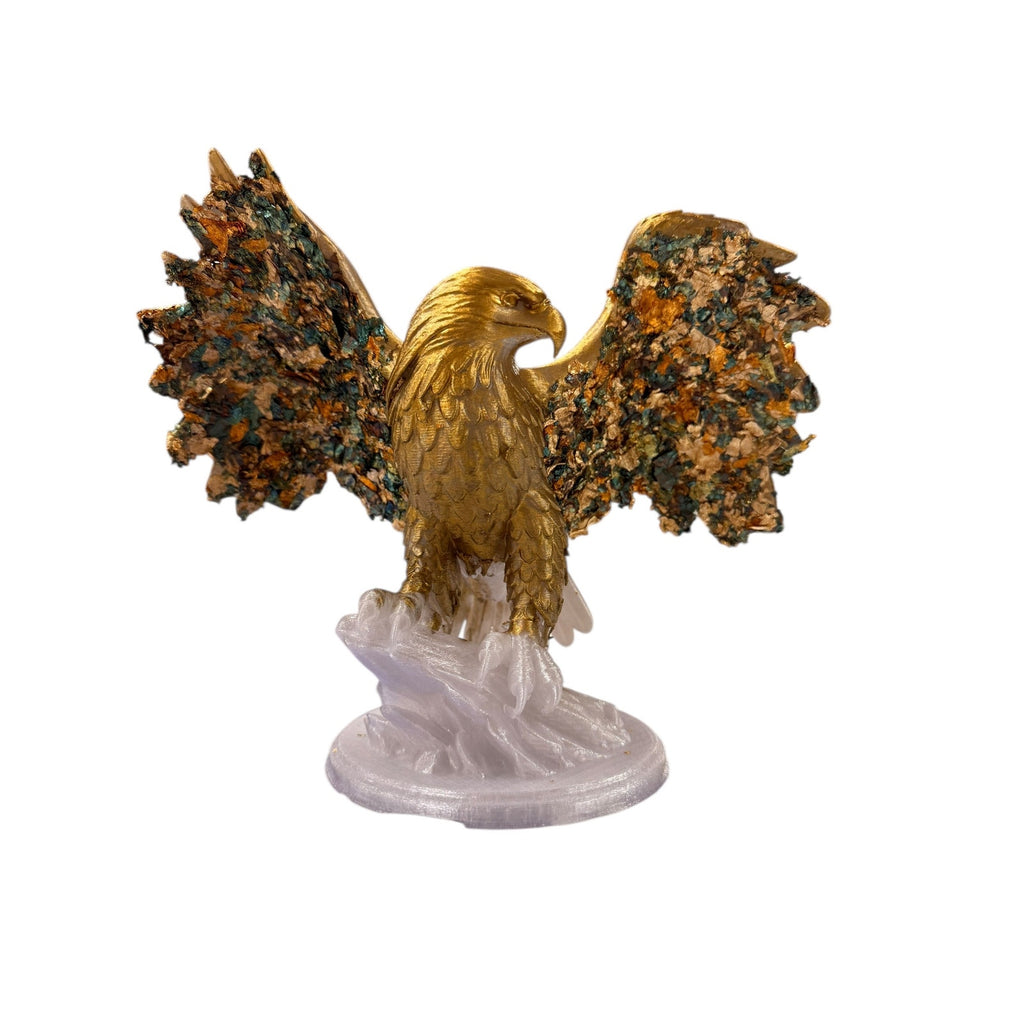 Handmade 3D Printed Gold Eagle Sculpture Mosaic Wings Crystal Base Resin 15"