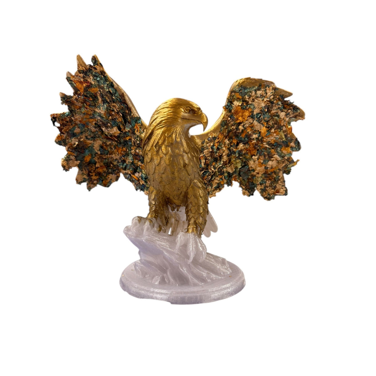 Handmade 3D Printed Gold Eagle Sculpture Mosaic Wings Crystal Base Resin 15"