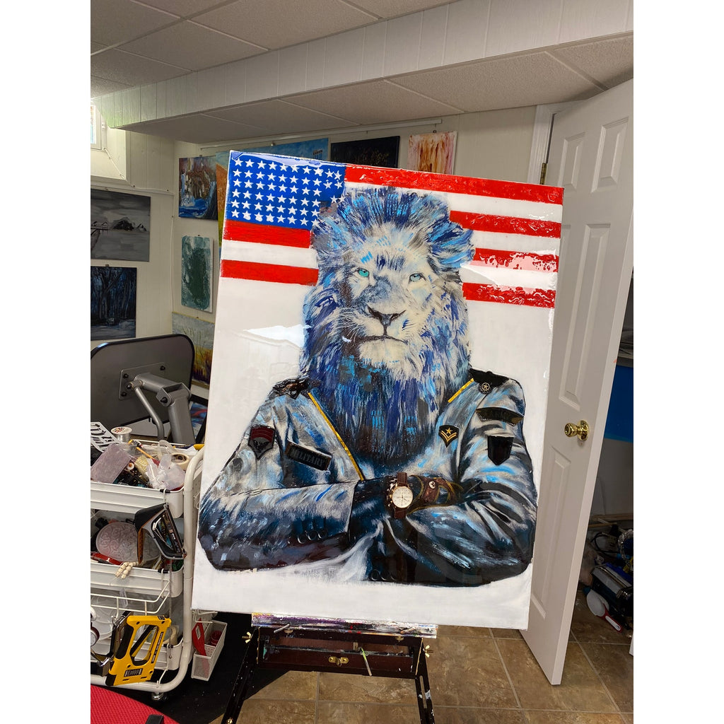 Original Pop Art Lion Painting American Flag Resin Coated Patriotic Wall Art