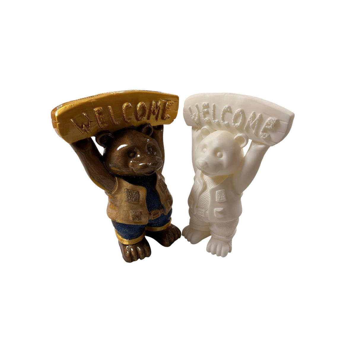 Handmade 3D Printed Welcome Bear Statue White Resin Coated Sign Sculpture 15"