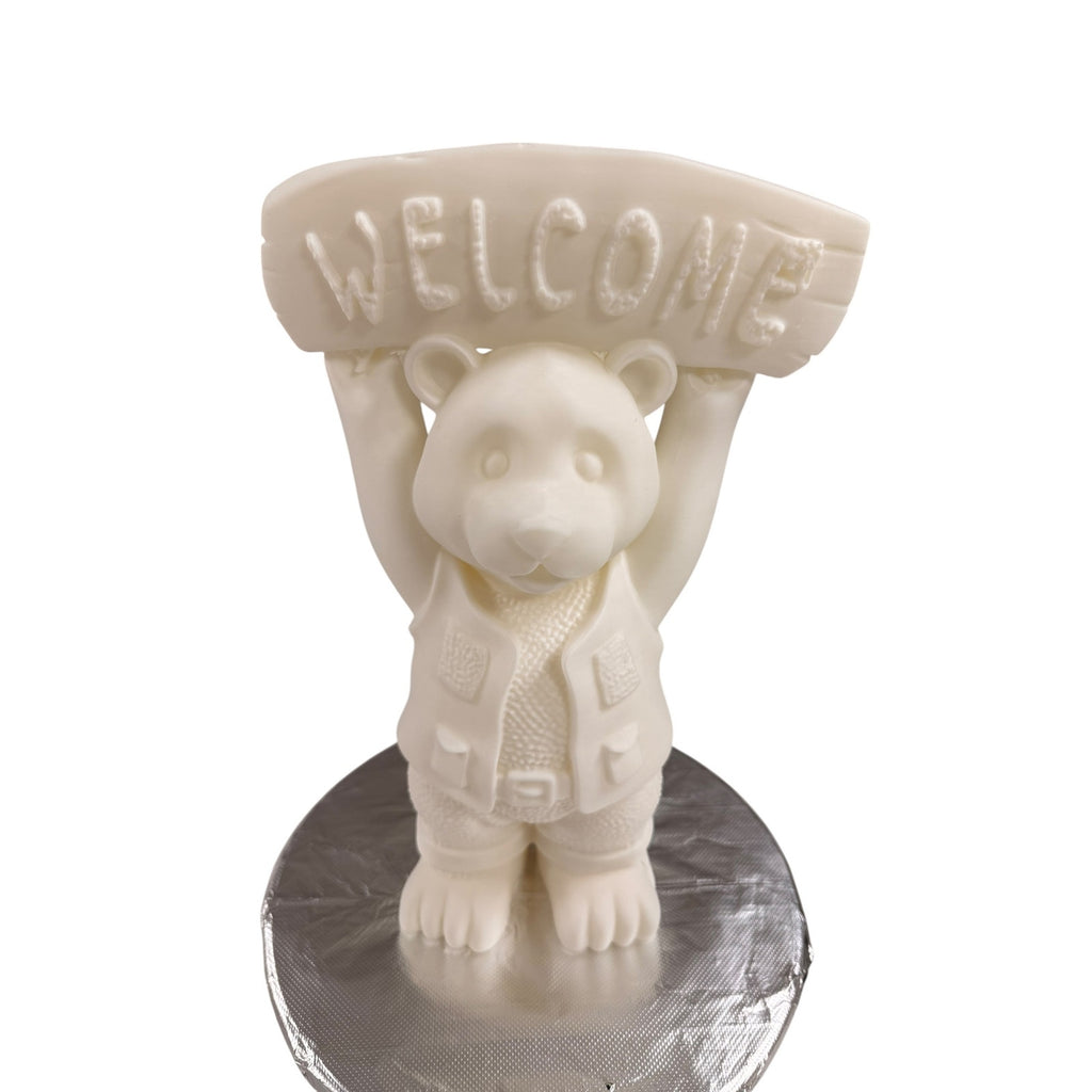 Handmade 3D Printed Welcome Bear Statue White Resin Coated Sign Sculpture 15"