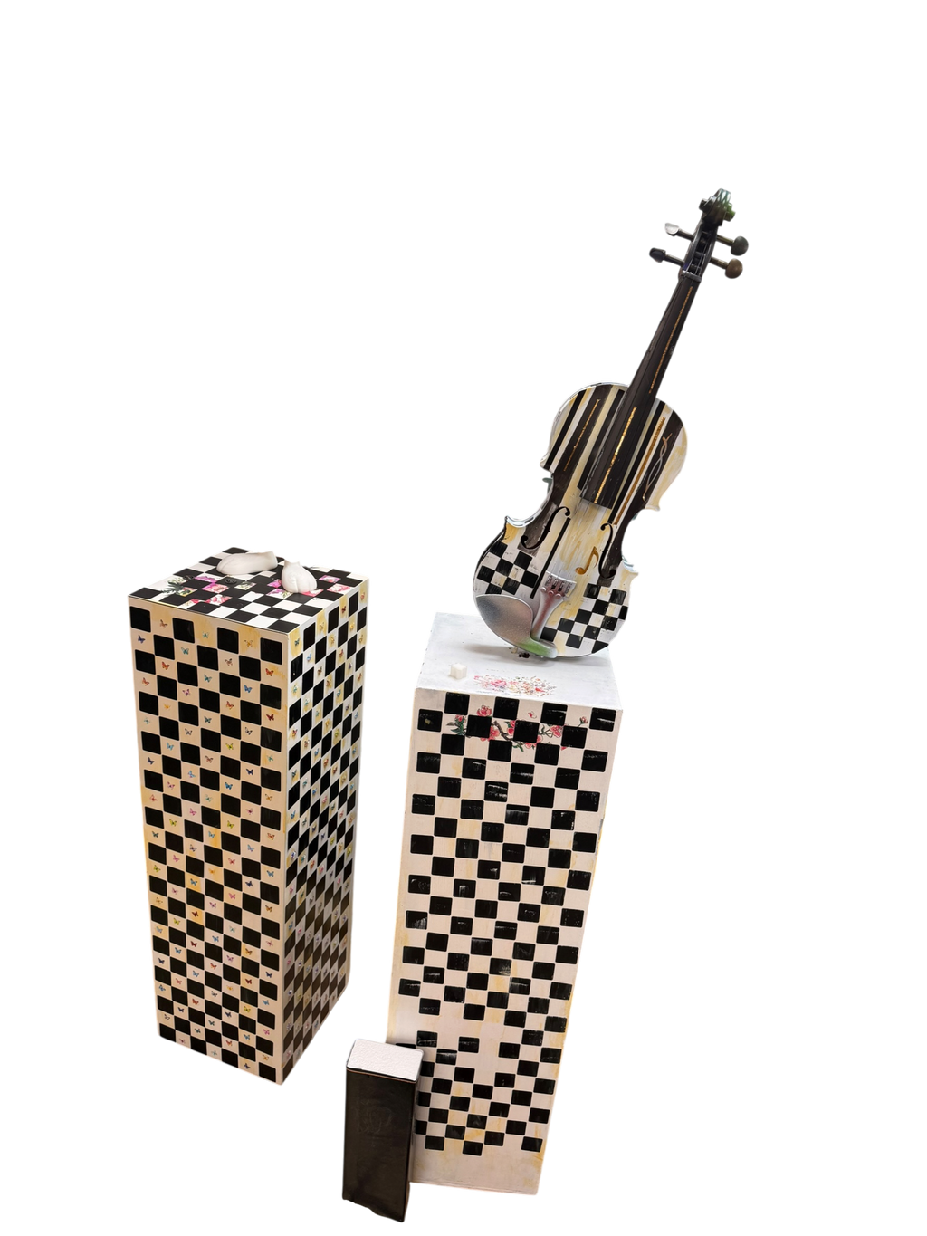 Checkered Wood Pedestal Stand 36in Hand Painted Resin Glass Butterfly Art Column