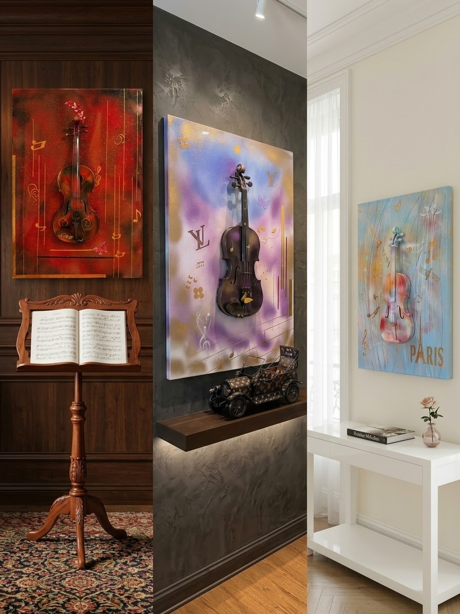 Original 3D Violin Wall Art – Rainbow Mixed Media Music Painting 24x36
