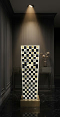 Checkered Wood Pedestal Stand 36in Hand Painted Resin Glass Butterfly Art Column
