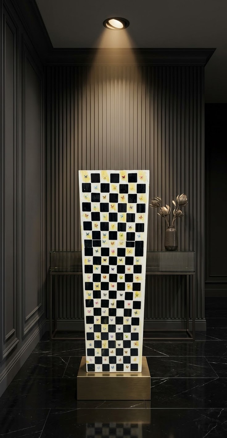 Checkered Wood Pedestal Stand 36in Hand Painted Resin Glass Butterfly Art Column