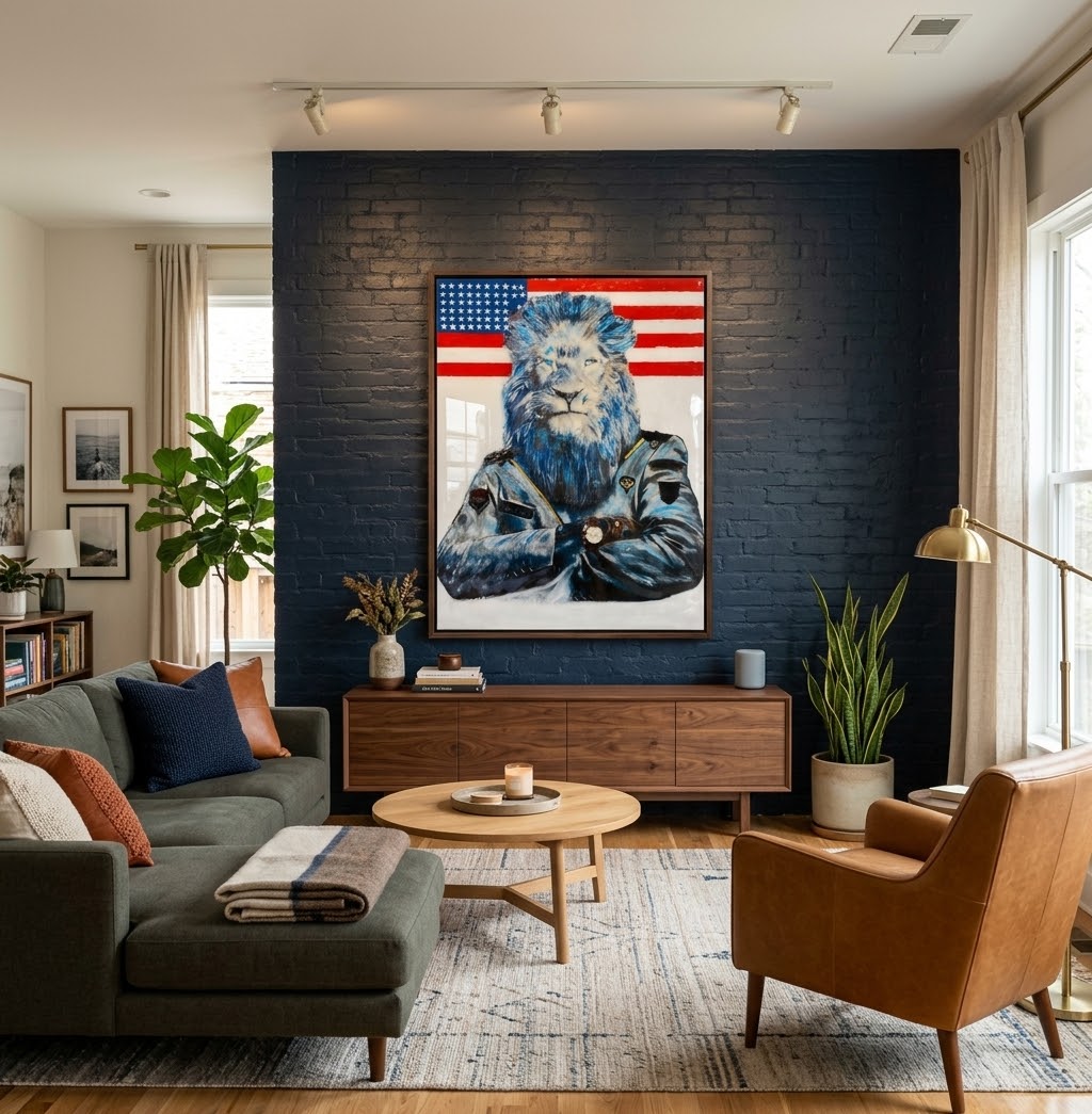Original Pop Art Lion Painting American Flag Resin Coated Patriotic Wall Art