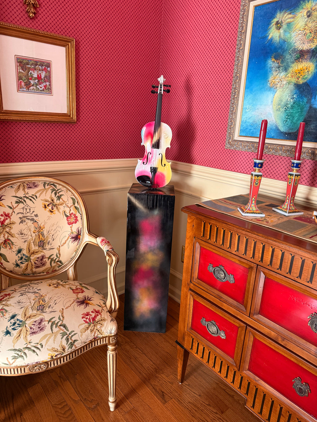 Handmade Resin Butterfly Tower Floor Sculpture with Painted Violin Mixed Media