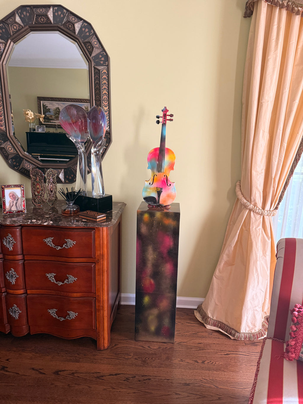 Handmade Resin Butterfly Tower Floor Sculpture with Painted Violin Mixed Media