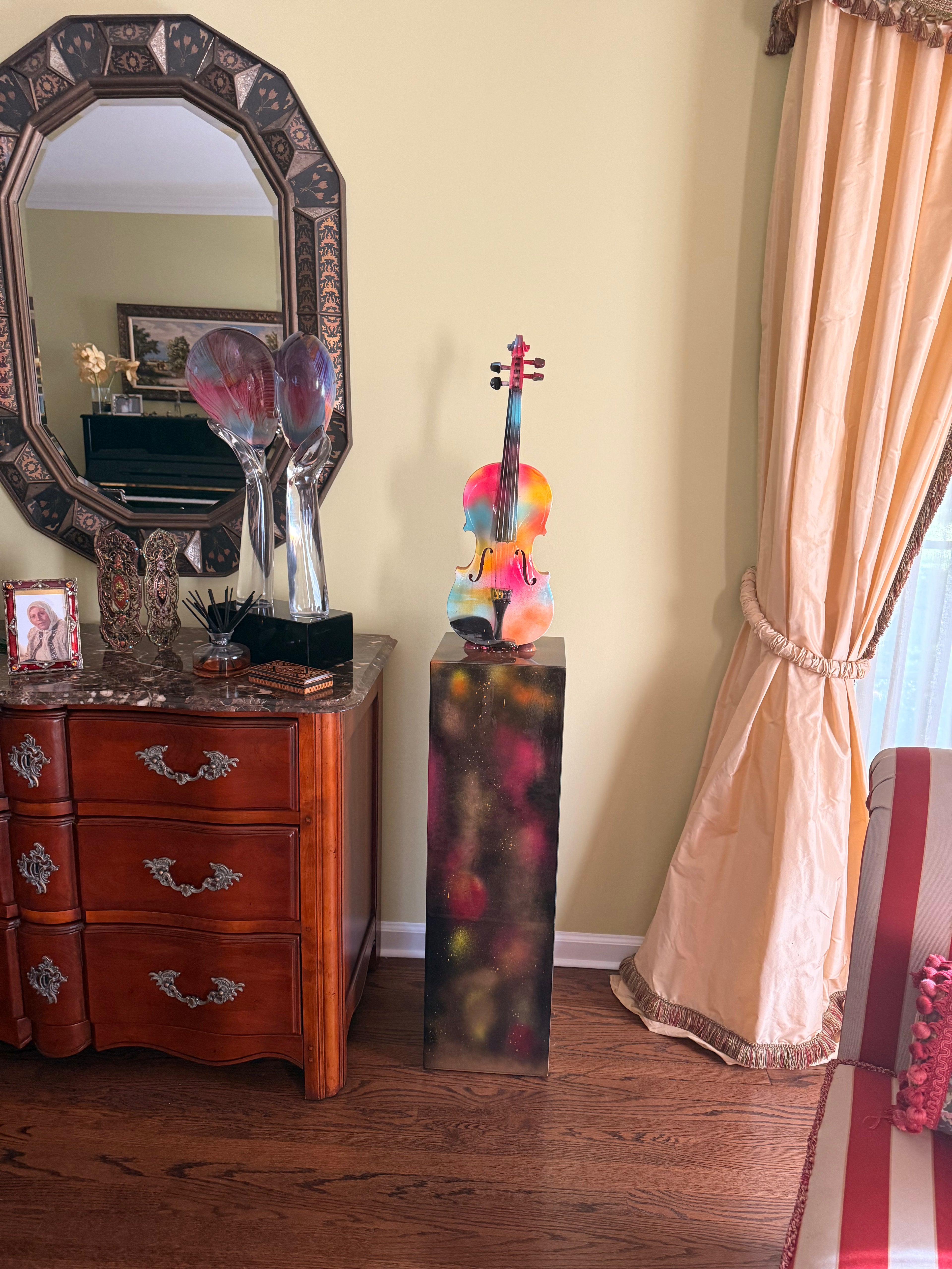 Handmade Resin Butterfly Tower Floor Sculpture with Painted Violin Mixed Media