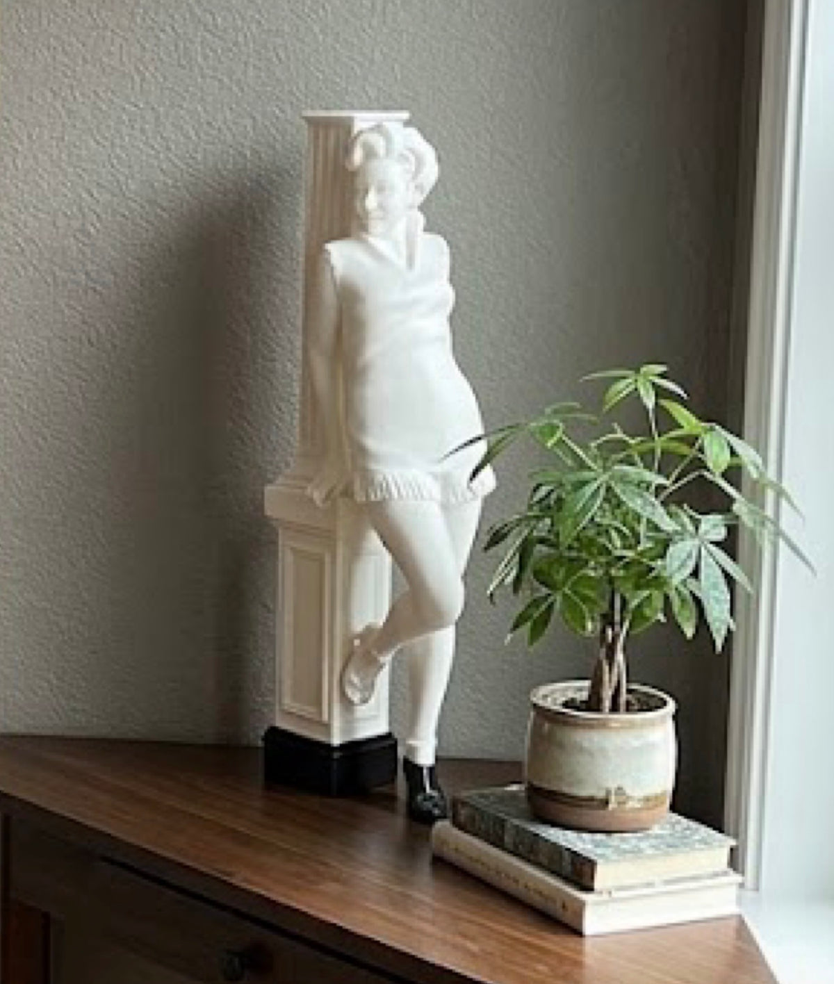 Woman Leaning on Column Statue 3D Printed Resin Coated Vintage Figure 15in Ivory