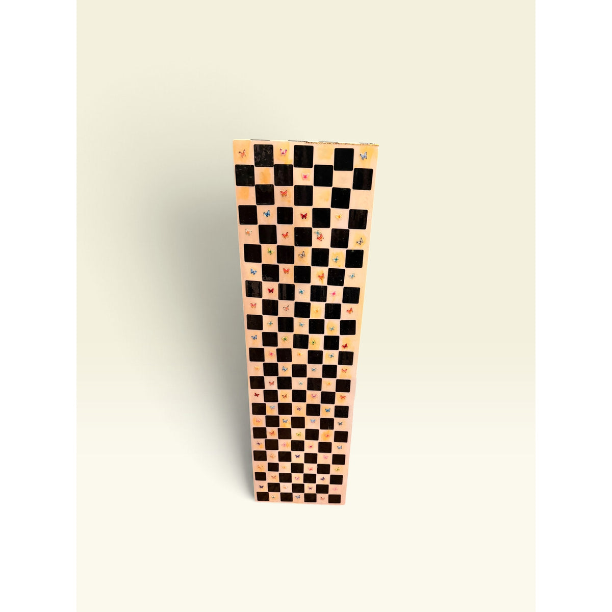 Checkered Wood Pedestal Stand 36in Hand Painted Resin Glass Butterfly Art Column