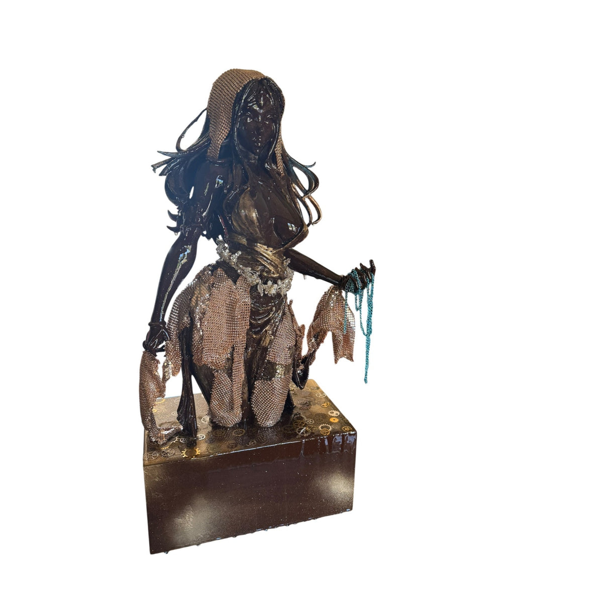 Kneeling Veiled Goddess Art Sculpture Bronze Finish Mesh Drapery Resin Statue