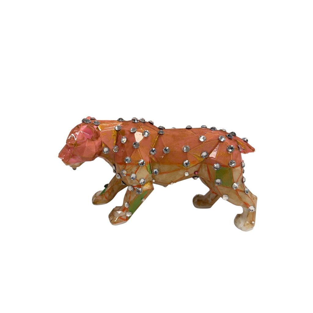 Geometric Leopard Statue Rhinestone Crystal Big Cat Sculpture Faceted Decor 7in