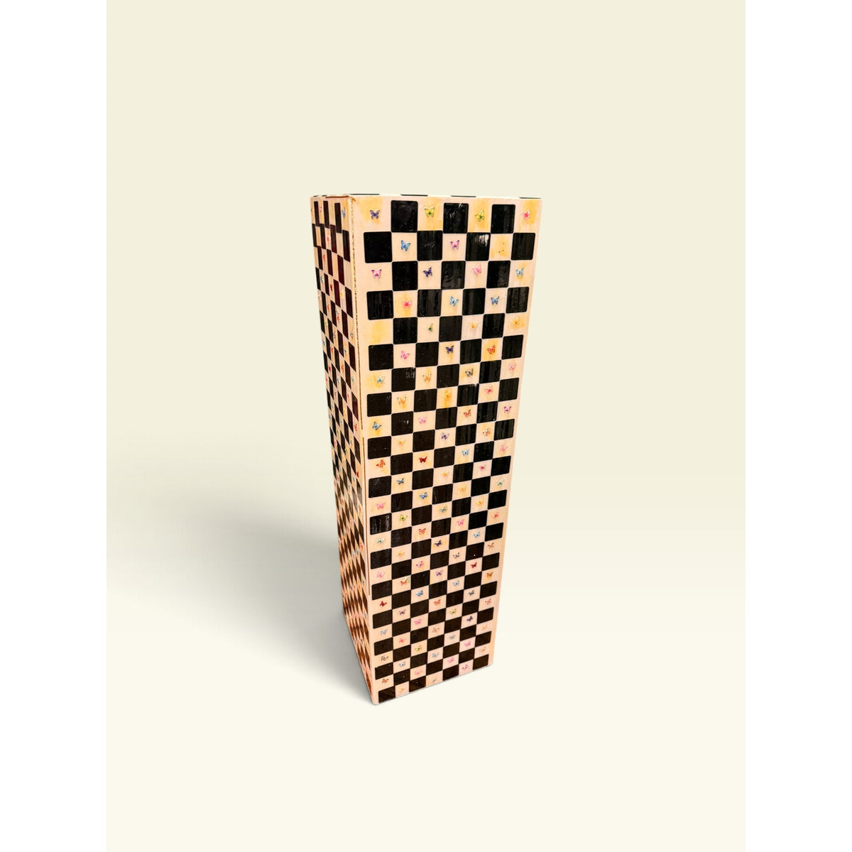 Checkered Wood Pedestal Stand 36in Hand Painted Resin Glass Butterfly Art Column