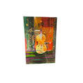 3D mixed media wall art of a gold violin mounted on canvas with red, green and orange abstract background and gold music notes