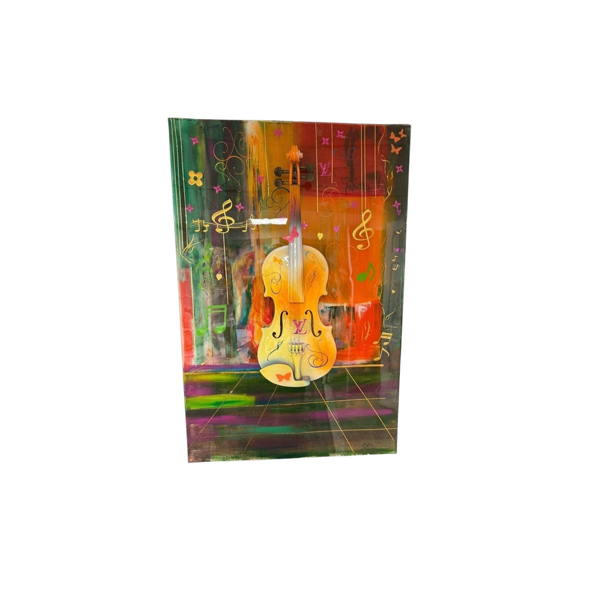 3D mixed media wall art of a gold violin mounted on canvas with red, green and orange abstract background and gold music notes
